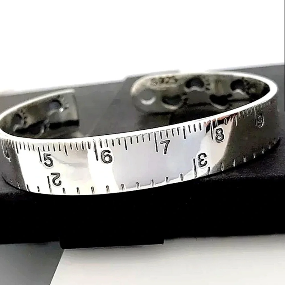 Sterling Silver Ruler Design Bangle Cuff Bracelet Matching Ring Set